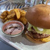 Vegan beef burger this is really good sauce with It is amazing   at Atheneon Bar in Kos