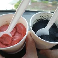 Strawberry Crunch ice cream and Tulsa Black ice cream at Scoops and Mini Desserts in Lawrenceville