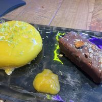 Mango mousse and snicker (two different desserts but they served it on the same plate¿?)  at Desoriente - Poblenou in Barcelona