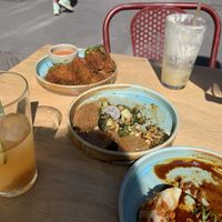 Gyoza, panko spring rolls the rest what’s left from broccoli!!!  at Desoriente - Poblenou in Barcelona