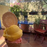 Mango and strawberry cone on the roof terrace  at Giallo Verde in Rhodes