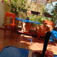 Chocolate sorbet, strawberry sorbet and the rooftop terrace at Giallo Verde in Rhodes