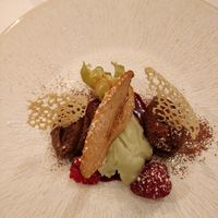 Dessert vegan : Ganache Chocolat, Sorbet Pomme et Coulis de fruits rouges at Brocoli in Lyon