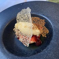 Chocolate terrine accompanied by mango, pineapple, and banana ice cream.  at Brocoli in Lyon