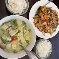 Green Curry and Cashew Vegetable with tofu  at Thai East Fusion in Charleston