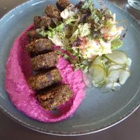 Beet hummus, falafel with salad at Puerta in Buenos Aires