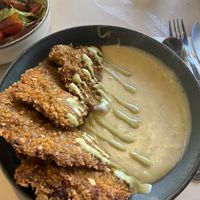 Mushroom Milanese on mashed potatoes   at Puerta in Buenos Aires