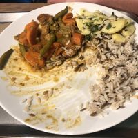 veggie curry, potatoe salad, rice, 2/3 eaten  at 7030 Restaurant in Winterthur