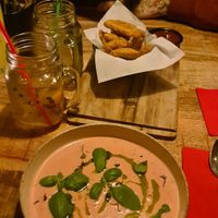 Soup (very creamy) + "chicken" tenderz  at Vegan Pizza Bar in The Hague