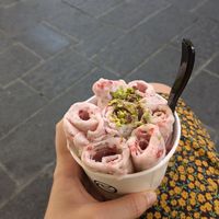 Strawberry and pistachio vegan ice cream at IceRoll in Rhodes