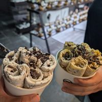 Banana and dark chocolate (left) and mango, peanut butter and dakf chocolate (right) ice cream rolls at IceRoll in Rhodes