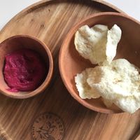 Complimentary chips and rubarb hummus which was incredible   at Green Earth in Dubai