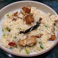 Sticky rice with plant based pork  at Baanying's Plant-Based Ying's Garden  in Bangkok