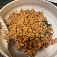 Plant based pork, basil and chillii  at Baanying's Plant-Based Ying's Garden  in Bangkok