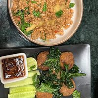 Krapao (stirFried basil) / Larb Tod  at Baanying's Plant-Based Ying's Garden  in Bangkok