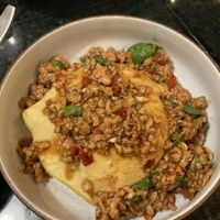 Spicy chicken omelette.   at Baanying's Plant-Based Ying's Garden  in Bangkok