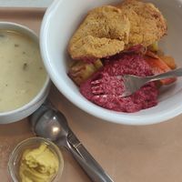 vegan potato cream soup 🍲, lentil cutlet 🫘, beetroot dip and grilled veggies 🥕. The mustard was free! at Mensa Blattwerk in Hamburg
