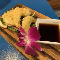 Shrimp Tempura. Edible orchids from HI.  at The Sushi Samurai - Queen Anne in Seattle