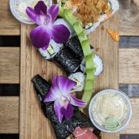 Crunchy Salmon, Cucumber, Hand Roll, Inari Nigiri (top to bottom) at The Sushi Samurai - Queen Anne in Seattle