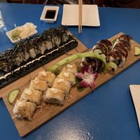 Tiger roll (left) crispy shrimp roll (lower middle) and dragon roll (right)  at The Sushi Samurai - Queen Anne in Seattle