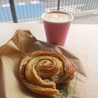 Vegan cinnamon swirl and oat flat white at Make Make Coffee Kiosk 1 in South East London