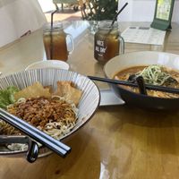 Dan Dan noodles left  at VeganBliss 蔬福 in Central Singapore