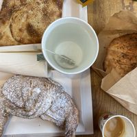 Pastry with eggplant and tomatoe (left above), Pastry with blackcurrant (lower left) and flatbread with spices and herbs (right)  at Piekarnia Gruzinska Ketili Puri in Gdansk