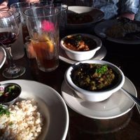 spinach dish and eggplant dish with brown rice at Sage Vegetarian Cafe in Chapel Hill