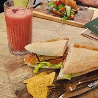 Copper club sandwich and red fruit smoothie at Copper Branch in Rotterdam