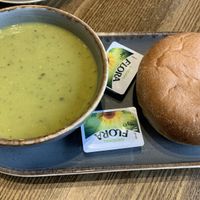 Pea and mint soup with warm vegan roll  at Eden Coffee House in Melrose