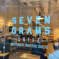 Front window at Seven Grams Caffé in New York City
