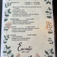 Breakfast menu. Oatly or soya milk  at Encanto - Art Cafe in Helsinki