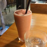 Strawberry (soy) yoghurt smoothie, with banana. Not bad. at Vegan Meals in Chiang Mai