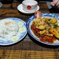 Tofu with tomato sauce and rice at Phat Loc Eco Cooking and Restaurant in Hoi An