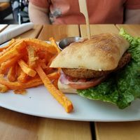 Black bean burger with sweet potato fries at LYFE Kitchen in Palo Alto