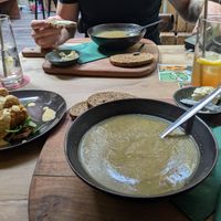 Zucchini/ parsnip soup and "kroket" on toast (left) at Opstand in Nijmegen