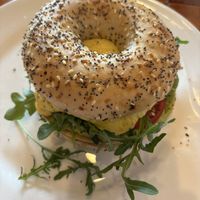 everything bagel sandwich (sub for just egg, remove cheese, remove bacon)! at Sacred Grounds Cafe in Edwardsville