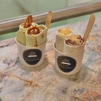 matcha ice cream with bretzels and banana ice cream with vegan nutella  at Delabuu Ice Cream - KaDeWe - Maybe closed in Berlin