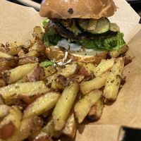 Portobello mushroom hamburger with fries  at Copper Branch - Sainte-Catherine  in Montreal