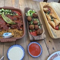 Vegan iskender kebab, felafels, and samosas.   at Refresh Vegan Kitchen in Kas