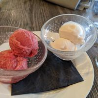 Vegan sorbets; rhubarb and coconut at Orangery Restaurant in Clowne