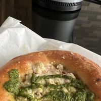 Vegan pesto pizza bialy    at Hank's Bagels in Sherman Oaks
