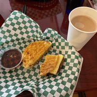 Vegan waffle sandwich and soy chai latte  at Roostercat Coffee House in Denver
