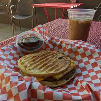 Waffle sandwich at Roostercat Coffee House in Denver