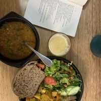 Daily menu lentil soup with roasted veggies and salad   at Bici Cafe in San Agustin