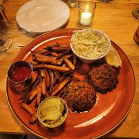 Mushroom Cakes with Old Bay Fries and Coleslaw at Chesapeake & Maine in Rehoboth Beach