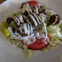 Greek salad: no dressing, no feta, + falafel + tahini at Olympia Cafe in Savannah
