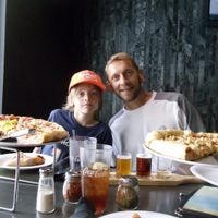 2 vegan pies with Daiya, tempeh, onions, banana peppers and artichoke hearts.  at Mellow Mushroom in Denver