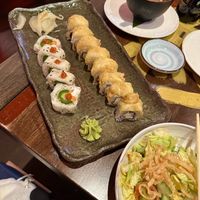 Loved the Vegan hot popper on the left and crunchy cabbage on the right! Miso soup in the back was not as great  at Blue Sushi Sake Grill in Houston