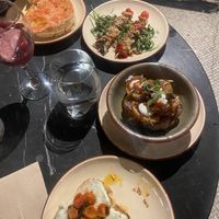 The bread with creme cheese and patatas bravas were excellent  at Velada in Barcelona